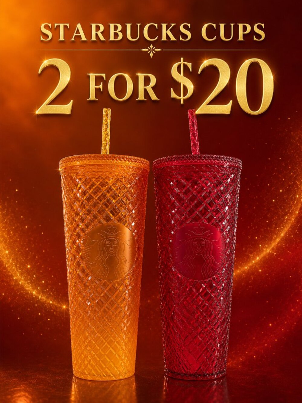 Starbucks Orange & Red Jeweled Cold Cups with Straws Set of 2